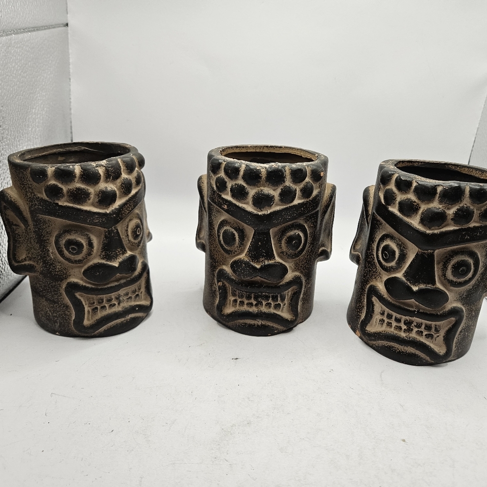 3 Bauer Pacific Imports Brown Tiki Mug 5.5" Tall Used Condition With Small Chips